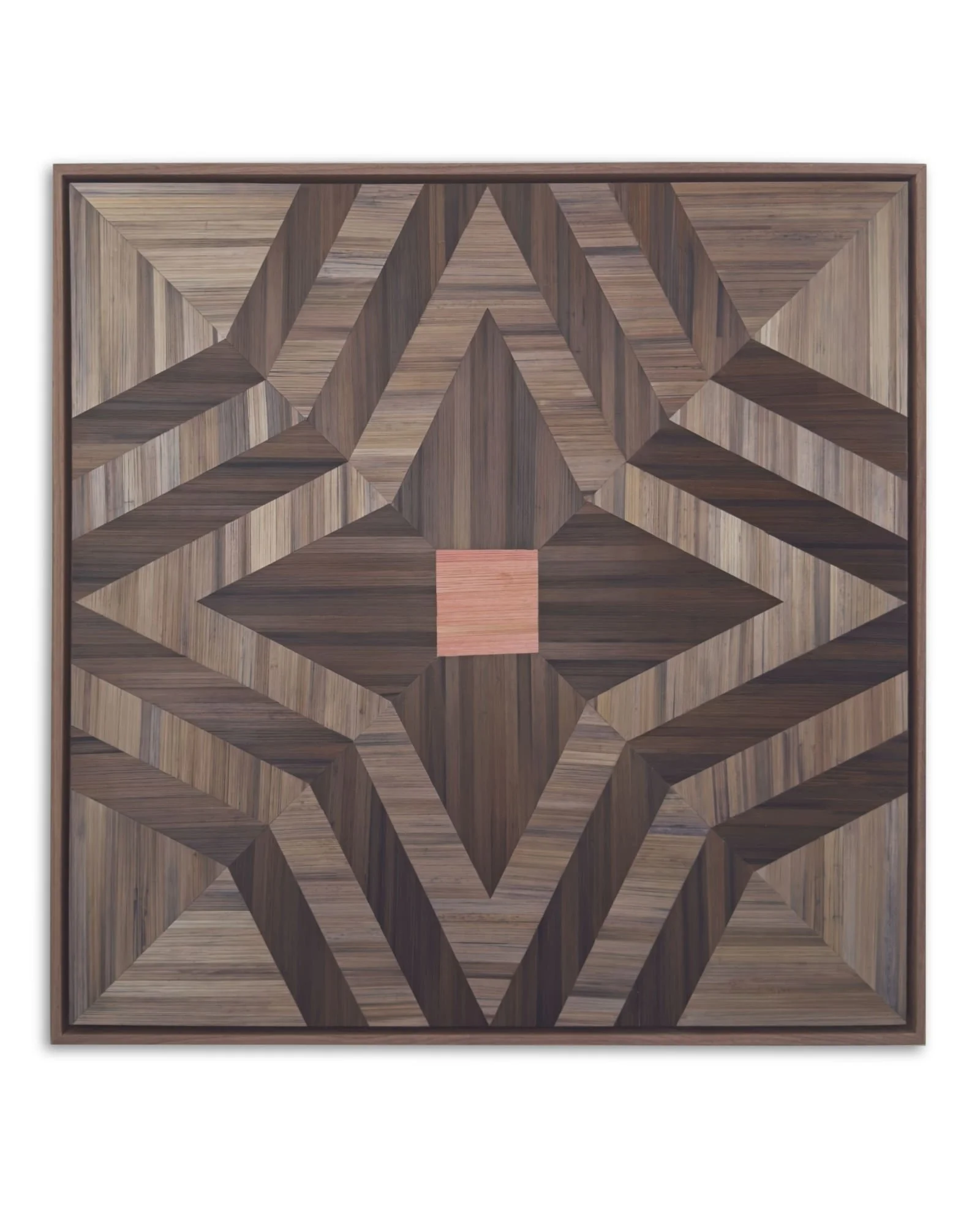 Guided Home — original straw marquetry fiber art, 24 by 24 inch geometric wall art in hand-dyed pink, brown, and gray rye straw with organic texture and geometric quilt block design