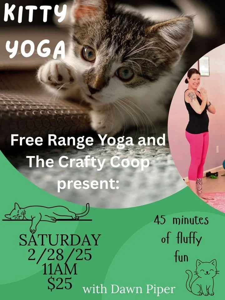 Kitten and Dawn text says Kitty Yoga Free Range Yoga and the Crafty Coop present