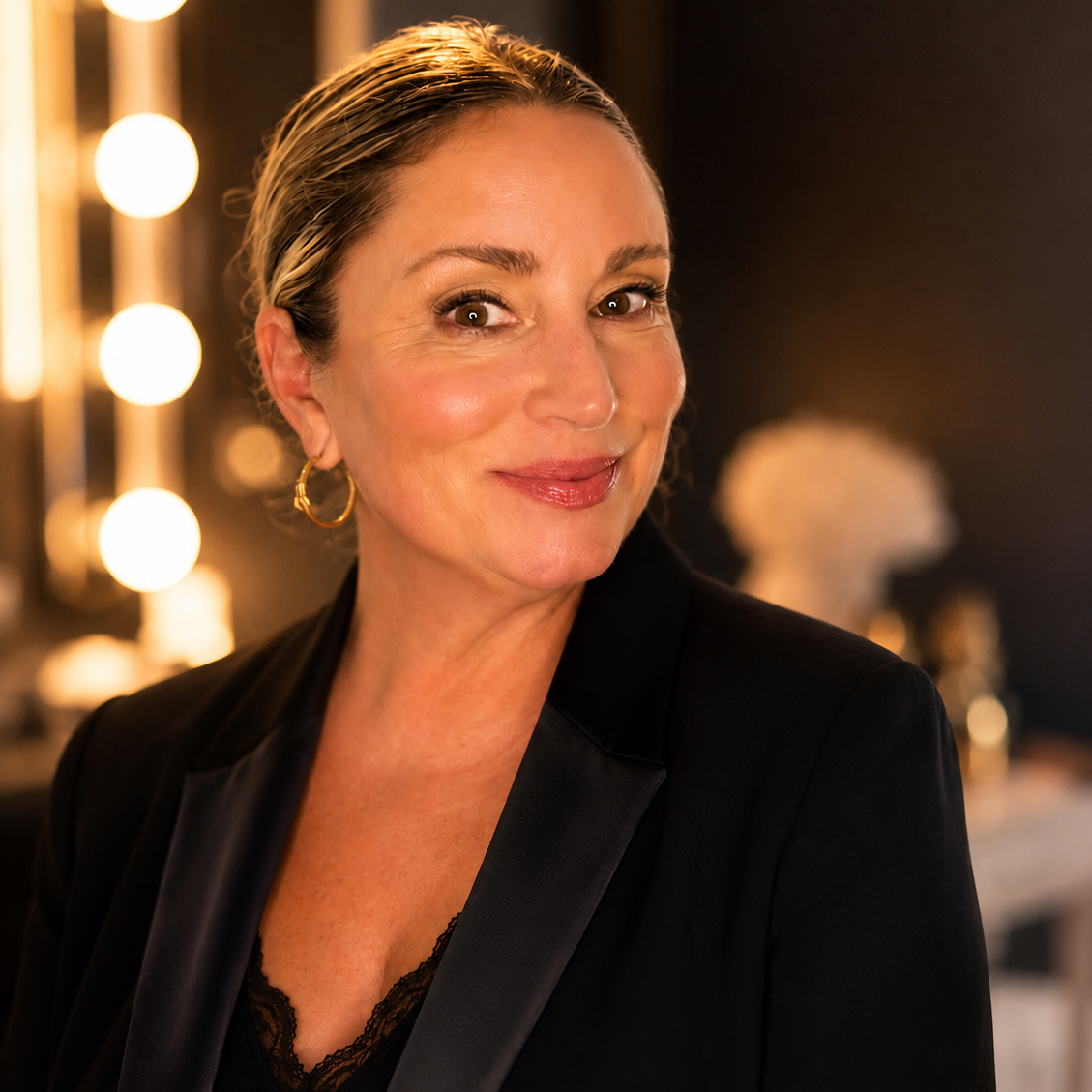 A woman with short blonde hair, wearing gold hoop earrings and a black blazer with a lace top, smiling in a warmly lit dressing room with illuminated mirror lights