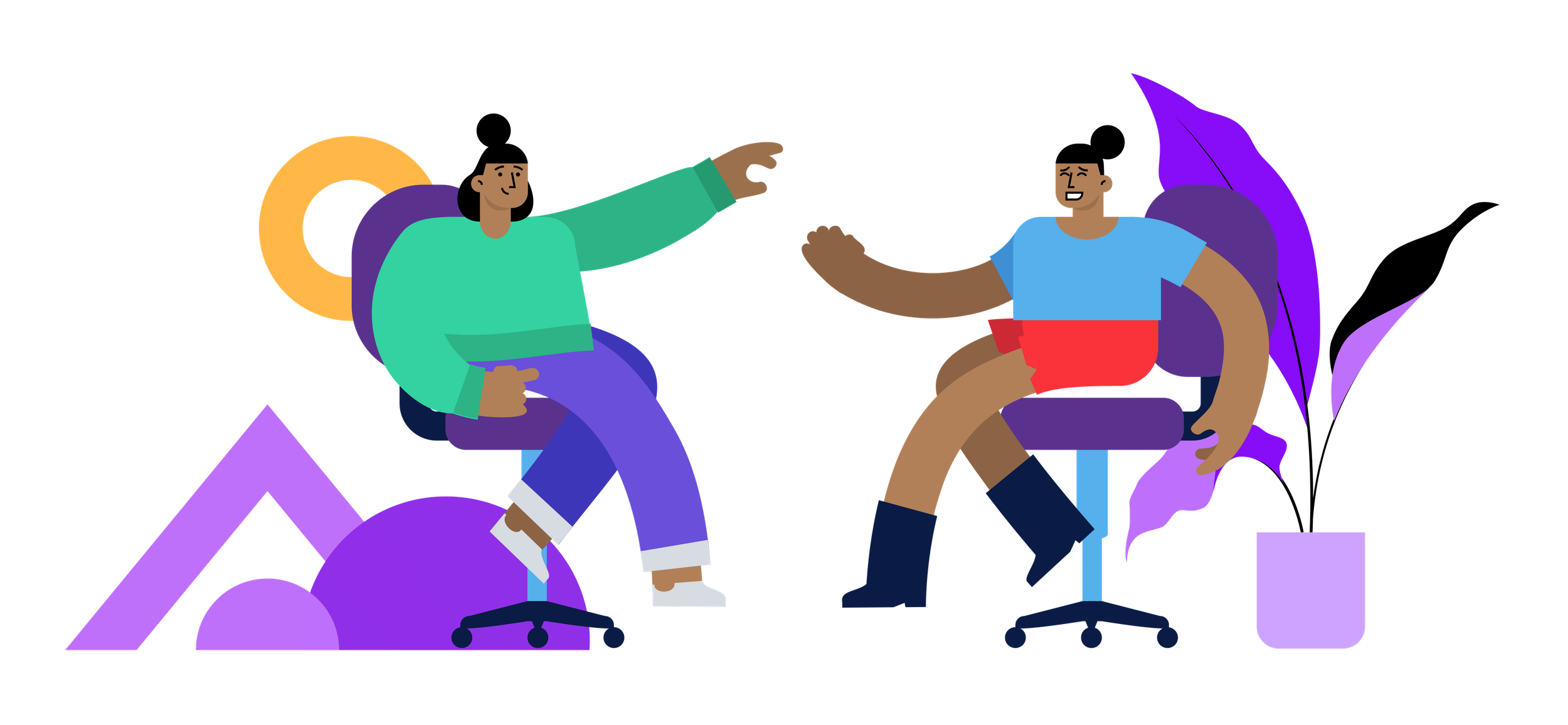 Illustration of two people sitting and exchanging fist bumps in an office setting, with colorful abstract shapes in the background.