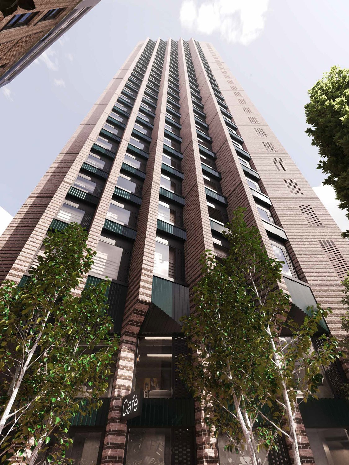 Architectural rendering of Ravensbourne Wharf, a tall residential tower with large windows, greenery, and a ground-floor café.