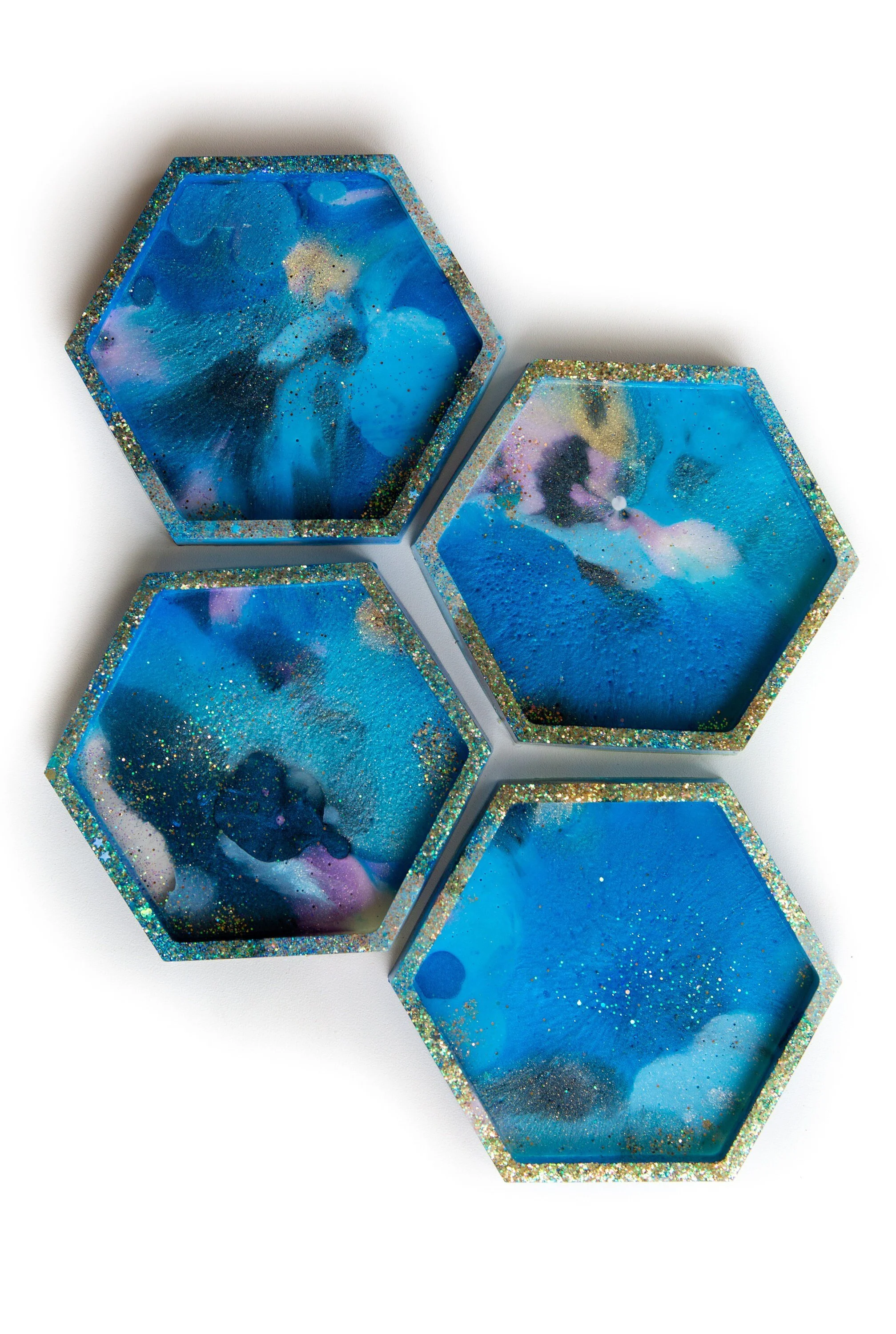 Blue Shimmer Hexagon Coasters - Set of 4 - Epoxy Resin