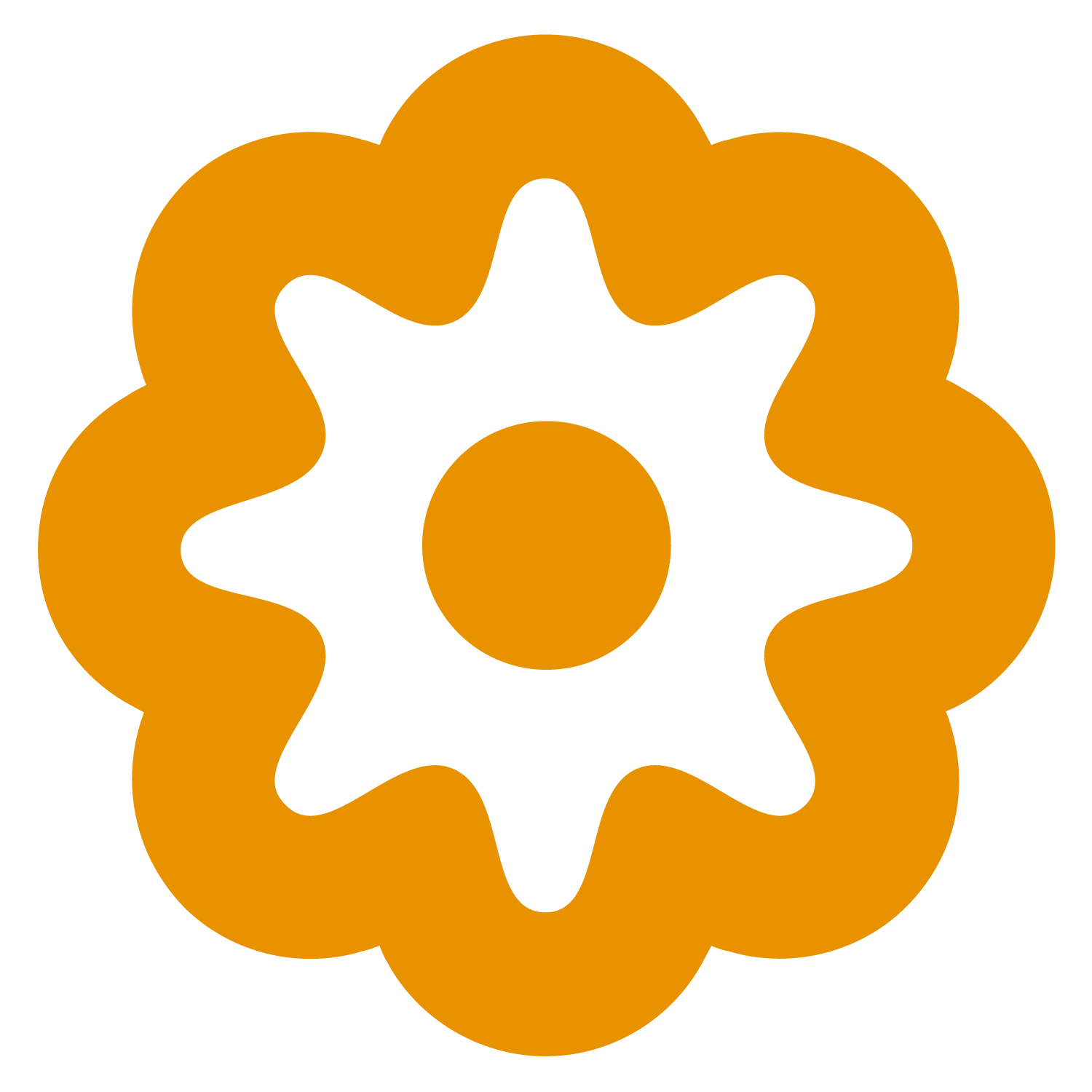 A stylized orange and black gear or cog icon on a black background.