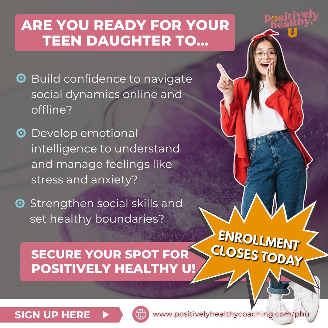 📣 𝗟𝗔𝗦𝗧 𝗖𝗔𝗟𝗟! 𝗘𝗻𝗿𝗼𝗹𝗹𝗺𝗲𝗻𝘁 𝗳𝗼𝗿 𝗣𝗼𝘀𝗶𝘁𝗶𝘃𝗲𝗹𝘆 𝗛𝗲𝗮𝗹𝘁𝗵𝘆 𝗨 𝗖𝗟𝗢𝗦𝗘𝗦 𝗧𝗢𝗗𝗔𝗬, 𝗝𝘂𝗻𝗲 𝟭𝟬𝘁𝗵!📣

Moms of teen girls, this is your final opportunity to give your daughter a summer of growth and empowerment. While