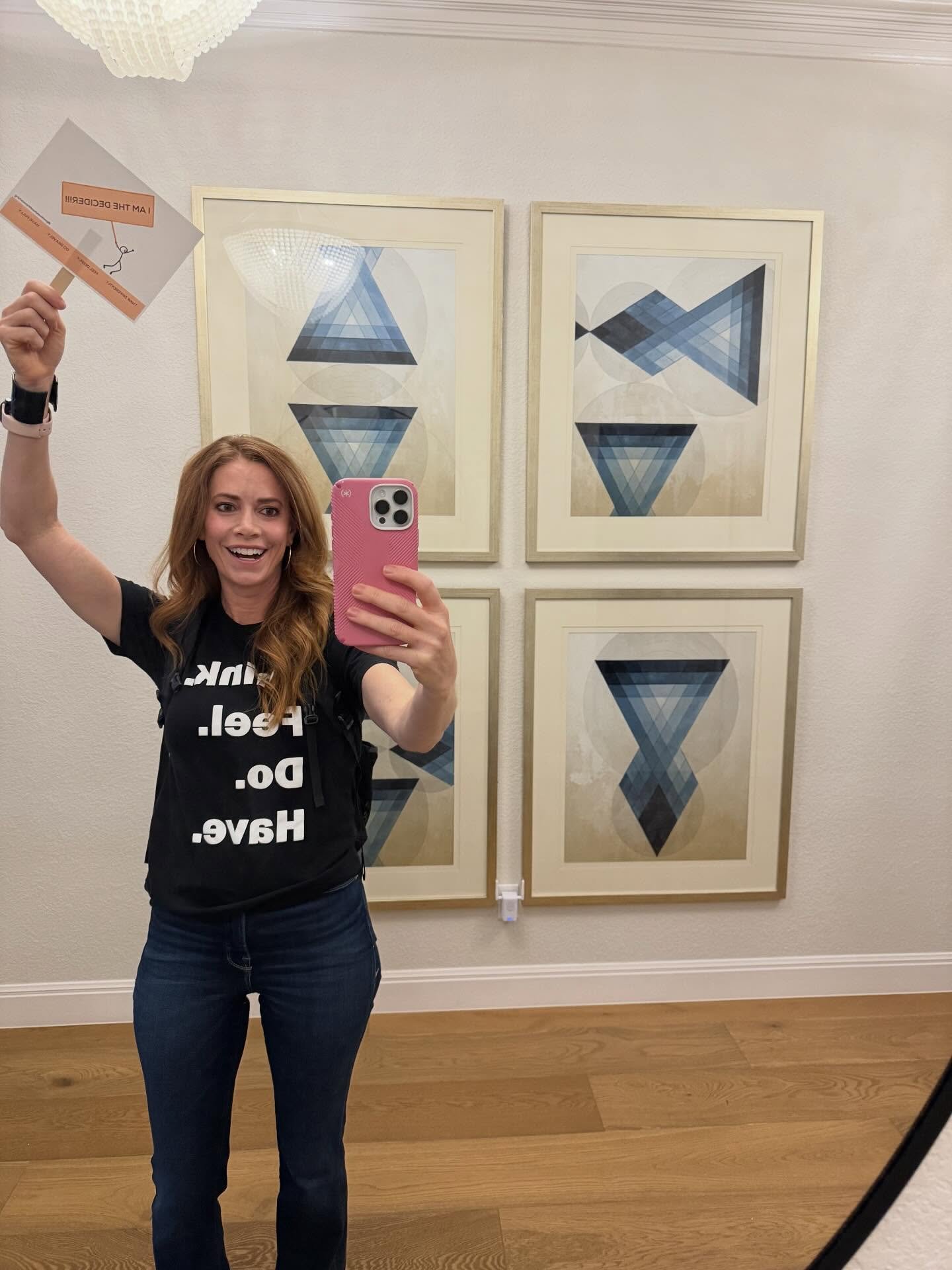 🪞✔️ Fit check on my way out the door today &mdash; rocking my Think &bull; Feel &bull; Do &bull; Have tee, and heading to speak with two incredible groups of teens. And yes&hellip; I brought the signs. 🙌💛 (Every student got an &ldquo;I&rsquo;m The