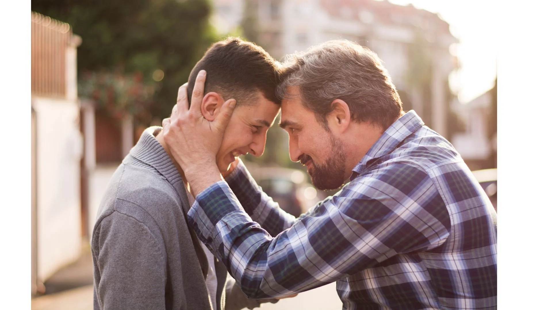 A joyful moment between a father and teen son embracing, one older with a beard and wearing a plaid shirt, and the other younger with short hair and wearing a gray sweater, standing close with their foreheads touching outside on a sunny day.