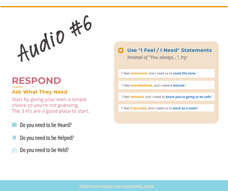 A guide for responding to teens' feelings, titled 'Audio #6'. It suggests using 'I Feel / I Need' statements instead of 'You always...', with example statements about feeling concerned, overwhelmed, unheard, and frustrated. The guide encourages askin