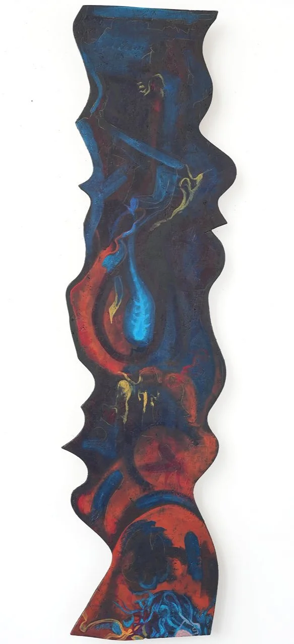 Abstract vertical painting with swirling shapes in red, blue, yellow, and black on a white background.