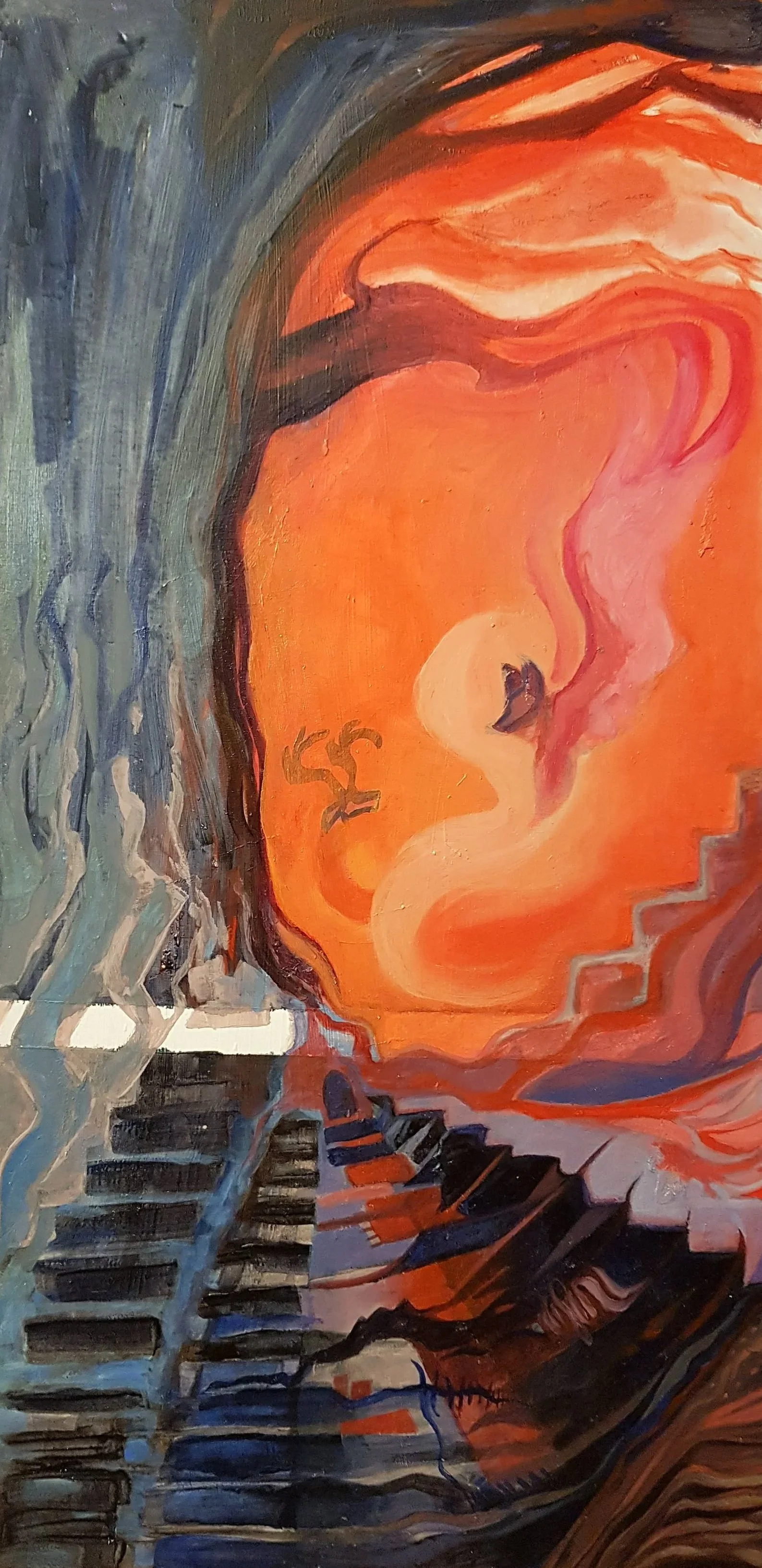 Abstract painting using warm shades of orange, red, and pink, with blue and black accents and stair-step patterns.