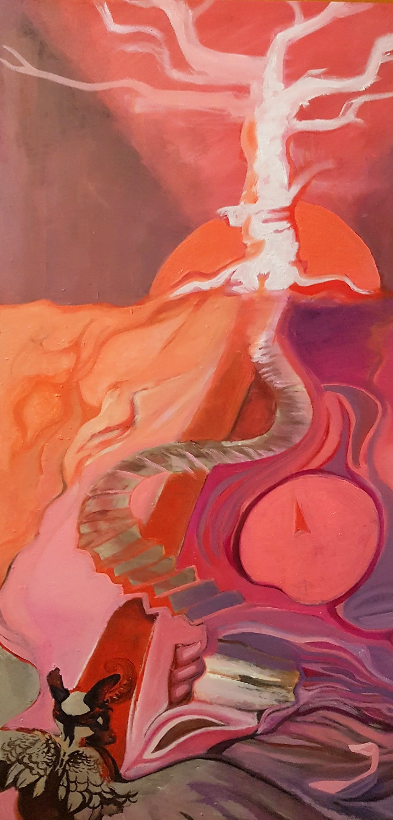 Abstract painting with a prominent orange circular shape, white swirling lines resembling a steampunk machine, and warm color tones including pink, red, and purple.