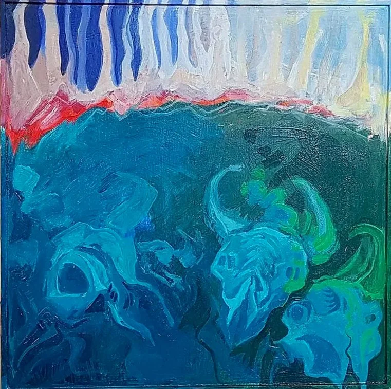 An abstract painting featuring blue skulls and green highlights with a multicolored background.