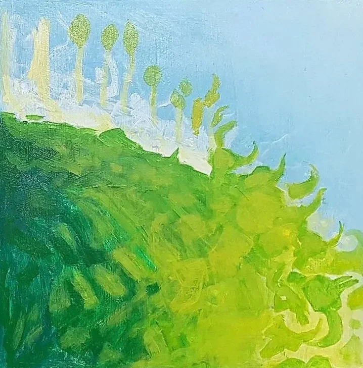 A colorful abstract painting of a green hill on a blue background.