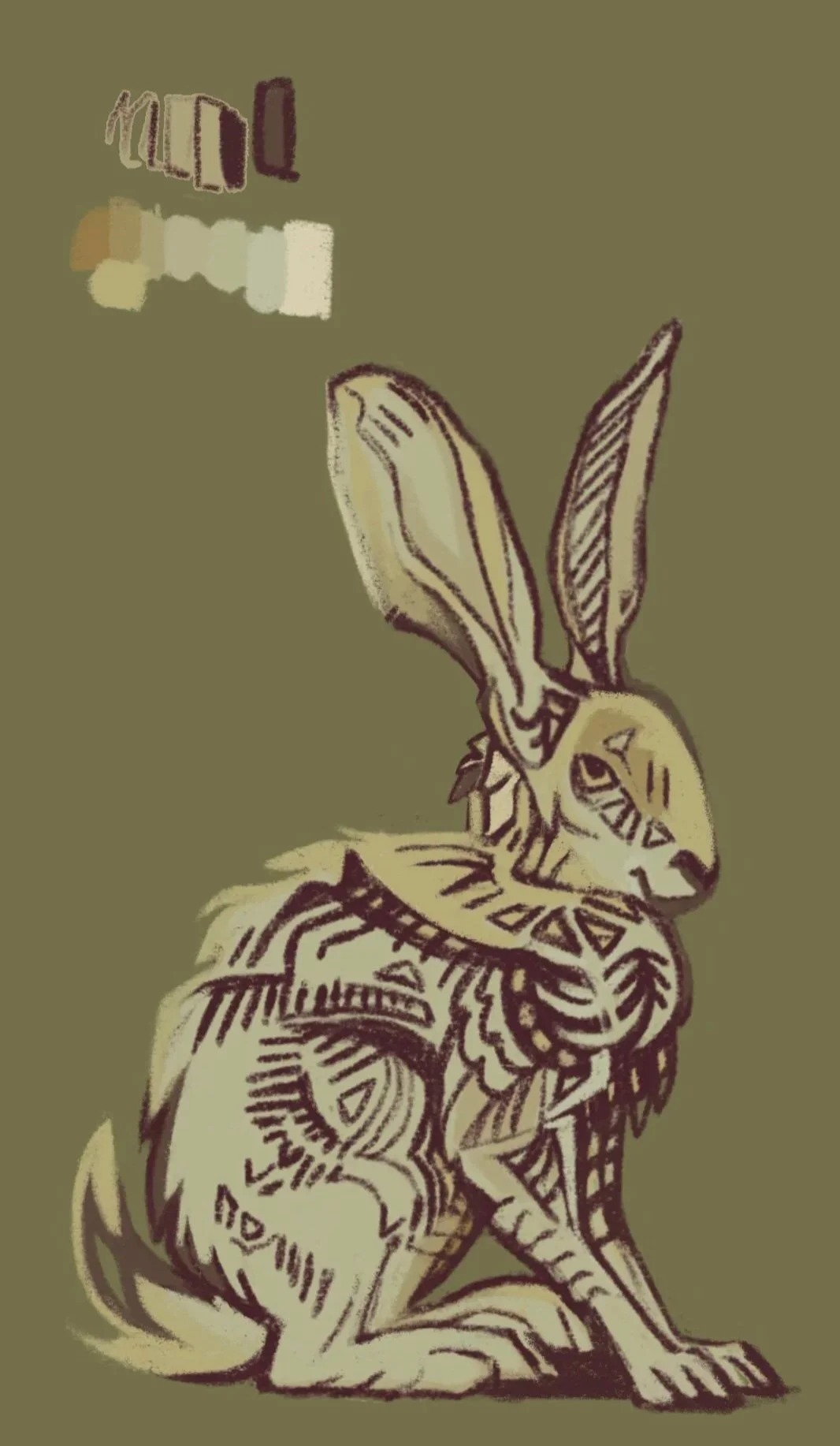 Line drawing of a rabbit with large ears sitting on its hind legs against an olive-green background.
