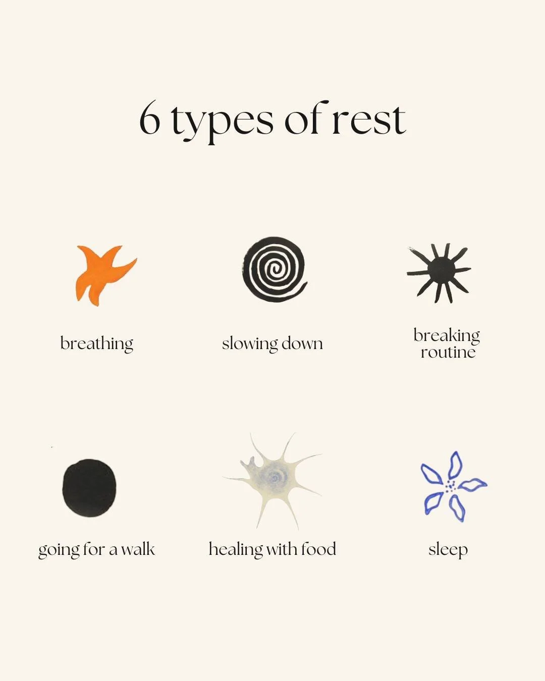 Rest isn&rsquo;t just sleep. 🌙

There are various types of rest we all need, and most of us are missing more than one. 🌙

🌀 Physical
🌀 Mental
🌀 Sensory
🌀 Creative
🌀 Emotional
🌀 Social
🌀 Spiritual

True rest is about restoration; letting the 