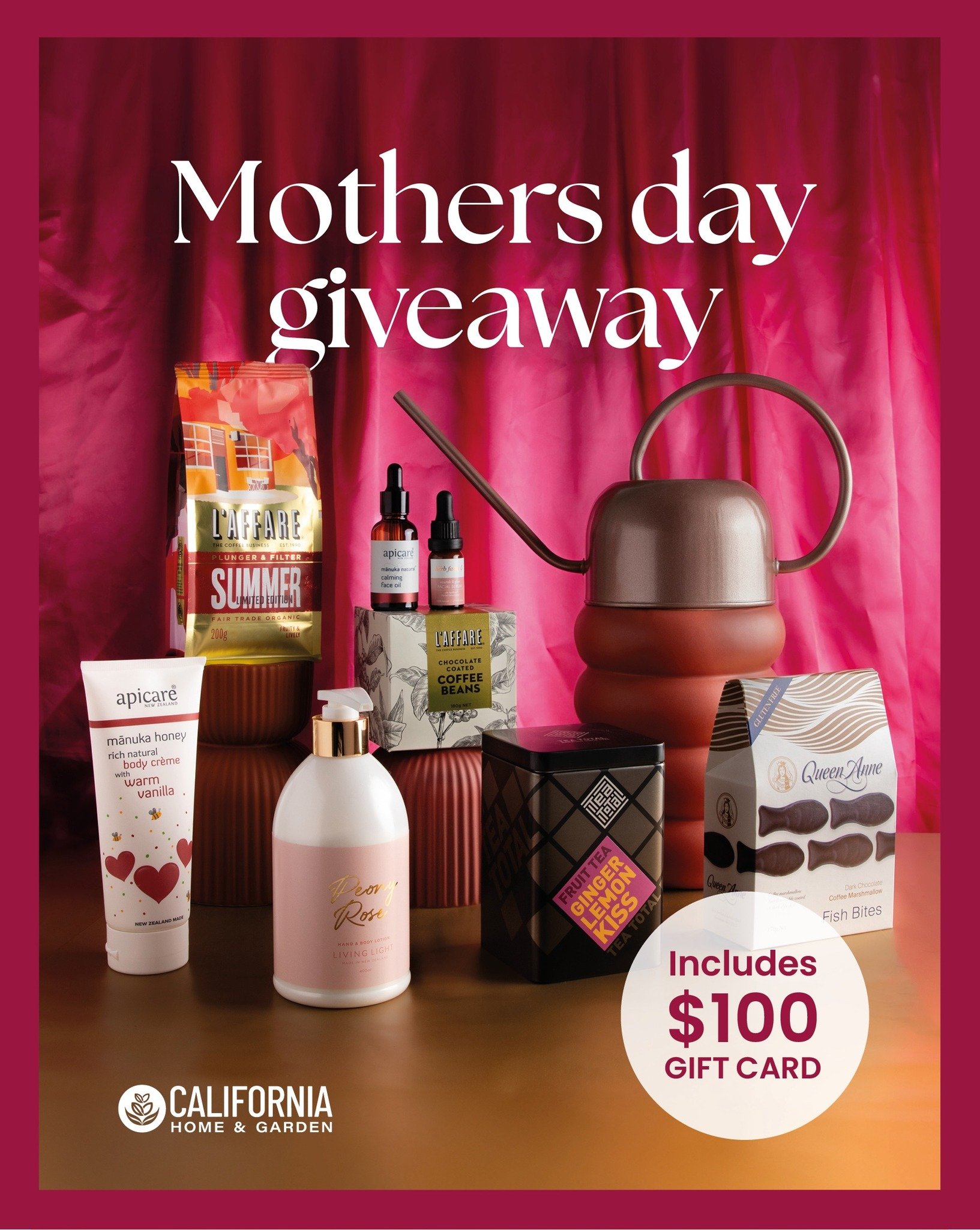 Not sure what to get for Mothers Day? 🌸🎁

We have the perfect hamper to giveaway filled with gorgeous gifts from @apicarenz @lafarre @queenannechocolates_nz  @theherbfarmskincare @livinglightcandles @teatotalnz and Lothlorian PLUS a $100 California