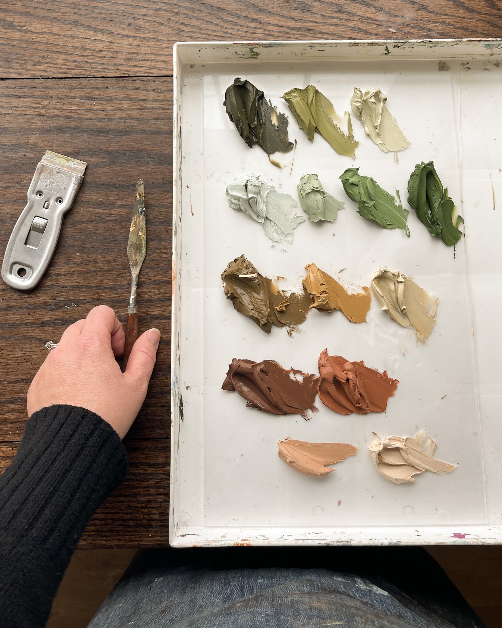 I&rsquo;m endlessly fascinated by color and its ability to completely transform the mood and feeling of a piece. 
If you look closer at the second pic, you can see what I mean. I painted two of these landscapes twice, each with a different color pale