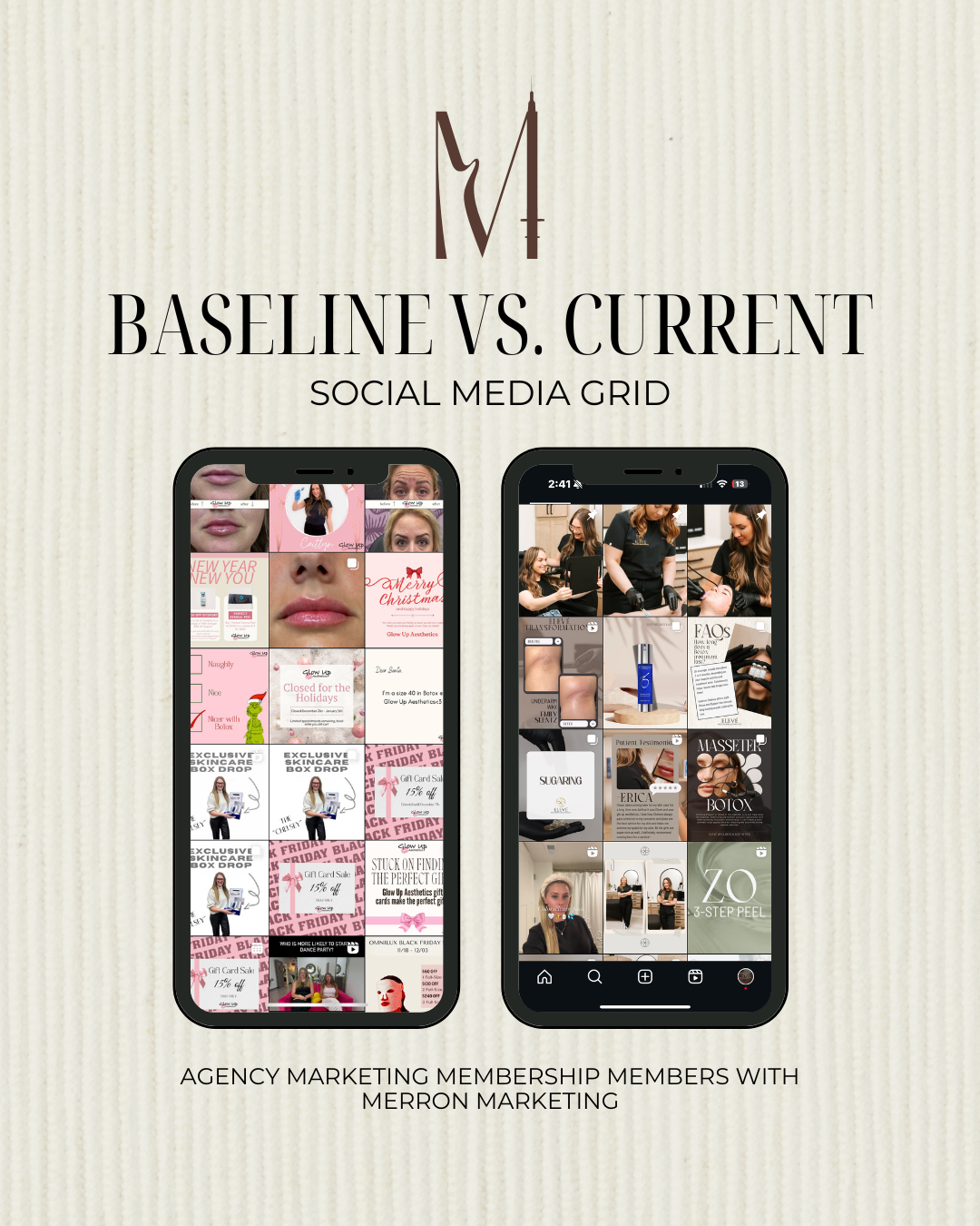 Social media grid comparison showing the baseline and current marketing posts for an agency, with two smartphones displaying social media content.