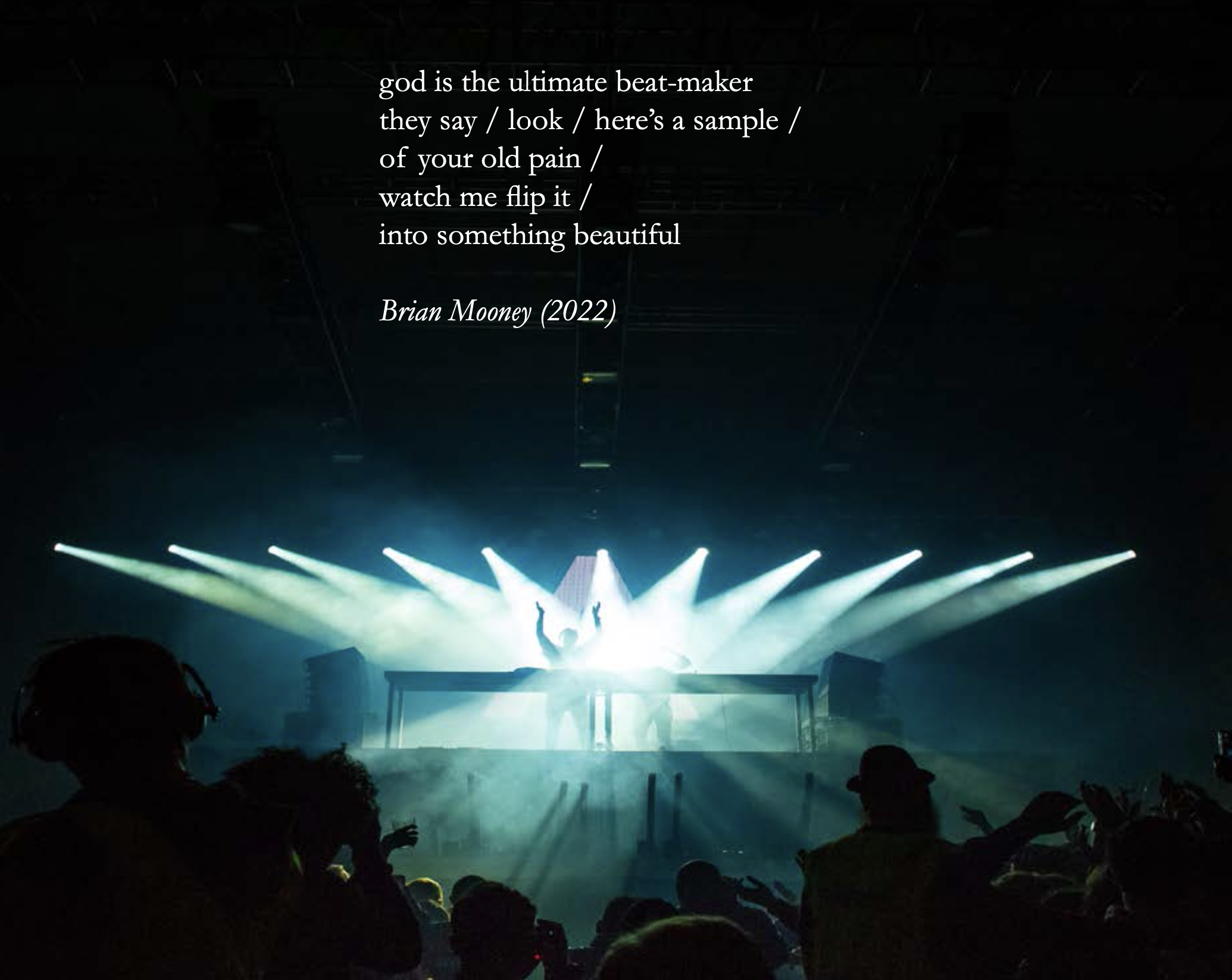 DJ on stage with crowd, colorful stage lights, and text about beat-making by Brian Mooney.