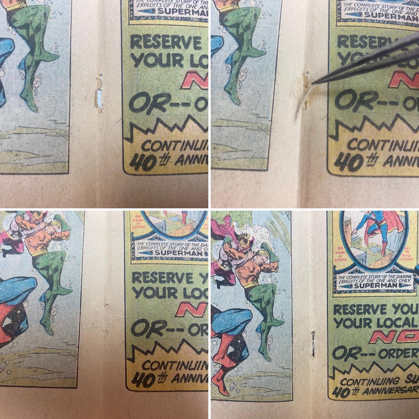 That seals it. Invisible #tearseals of #tengujopaper and wheat paste to conserve (not restore) a #comicbook #centerfold staple tear. Reversible #comiccleaning &amp; #comicpressing. Try #comicconservation from @comic_presser with your first book FREE.