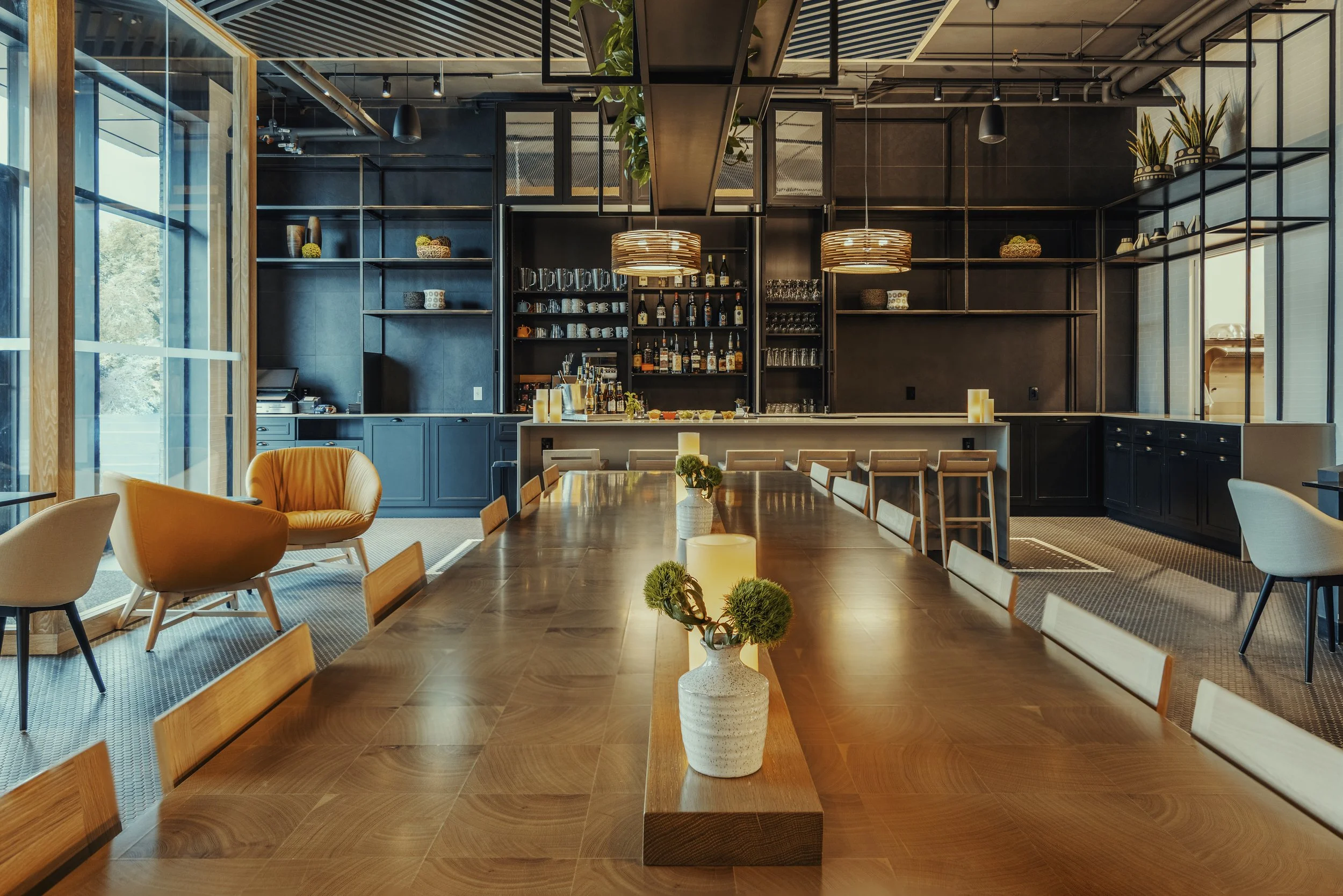 Chic commercial design for dining and co-working space. 