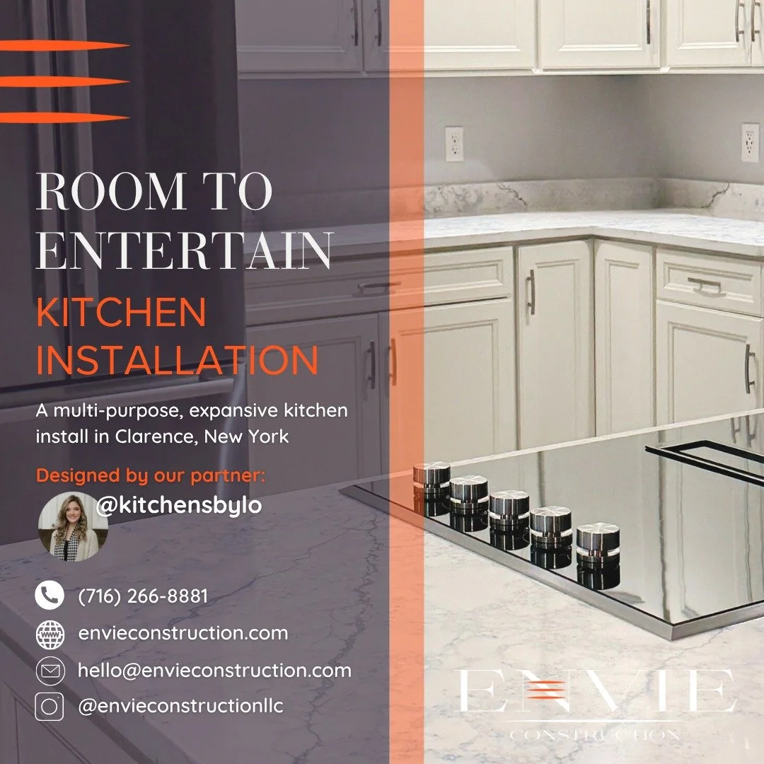 Form and function collide in this multi-purpose kitchen space. Boasting an island, workspace, bar area, and more, there is plenty of room for the entire family to gather. Cabinetry and flooring were continued into the adjacent bath and laundry rooms,