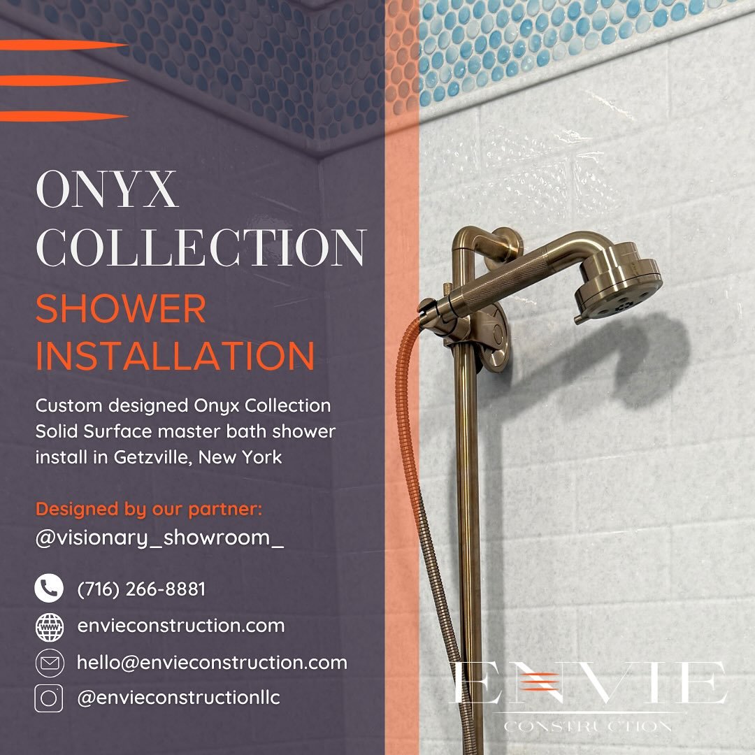 This grand master shower installation recently completed by our team in Getzville, NY is what bathroom dreams are made of! Over six feet of elbow room, with dual shower heads and a bench to relax - this combination Onyx and tile shower space is ready