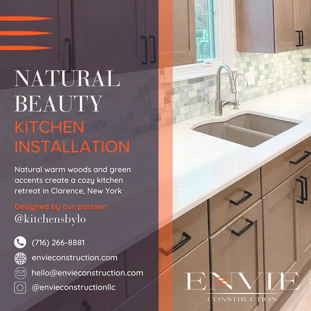Our latest kitchen remodel in #clarenceny boasts gorgeous wood cabinets, new hardwood floors and not one, but two, tile backsplashes that give this space a natural calming effect. 

We took the cabinets all the way to the ceiling on this one, added t