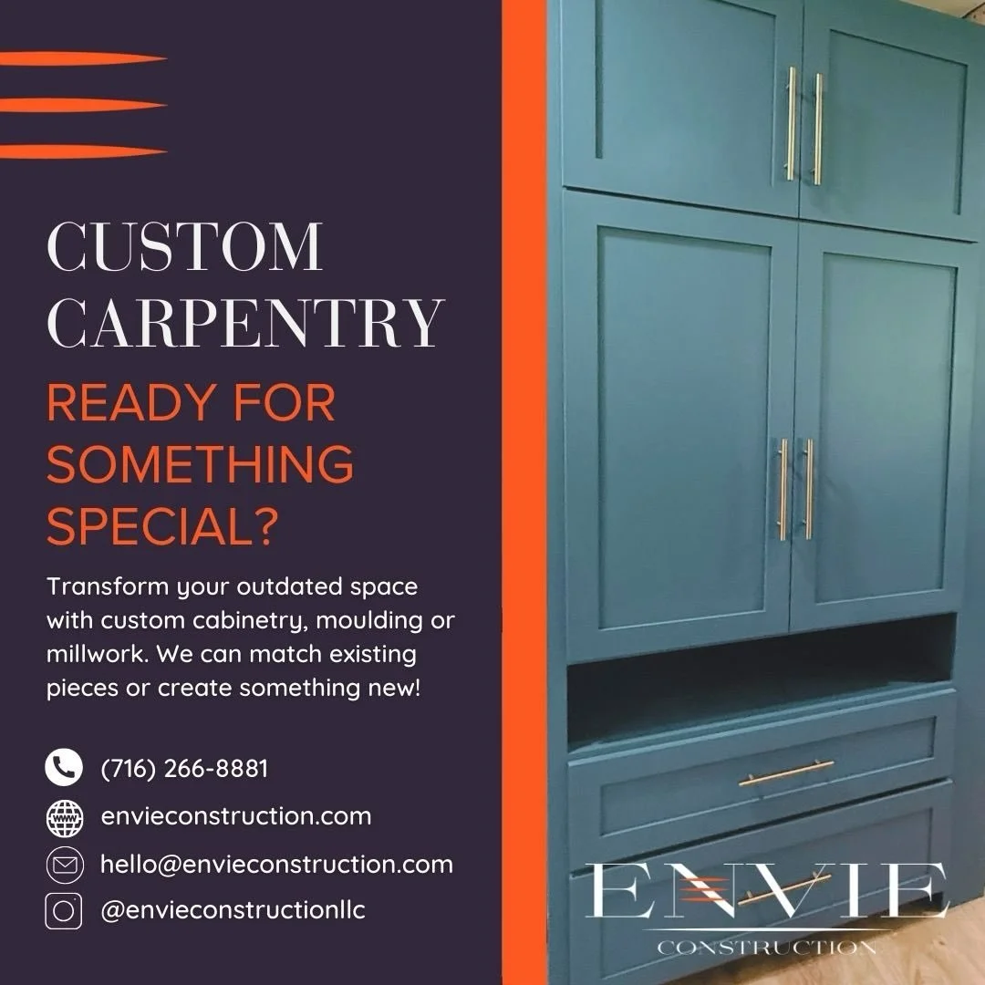 Transform your outdated space with custom cabinetry, moulding or millwork. We can match existing pieces, or create something new! 

Envie Construction specializes in interior/exterior remodeling and general construction. Give us a shout for a complim