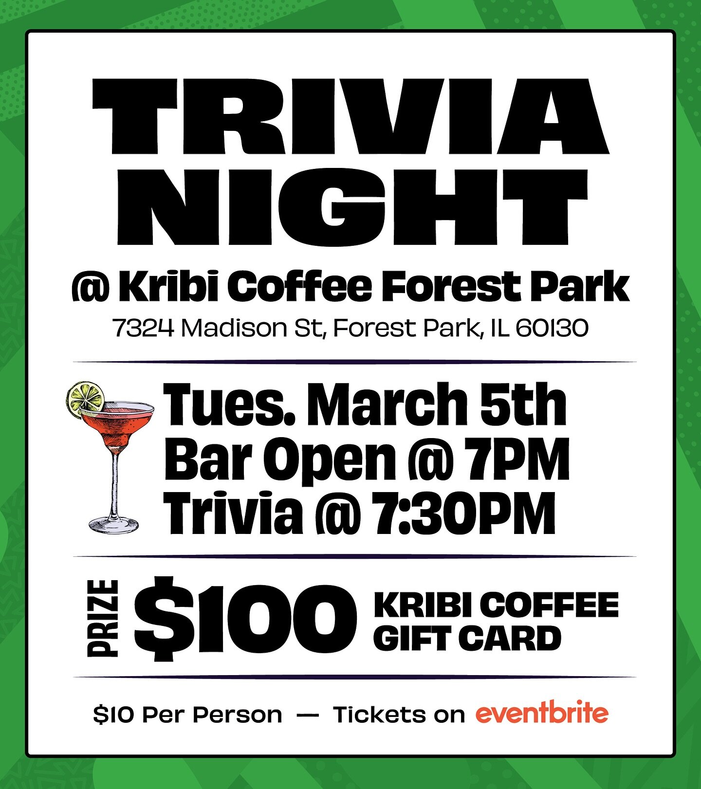 Get ready to put your trivia skills to the test! 🧠✨ Join us at Kribi Coffee Forest Park this Tuesday for a night of fun, drinks, and the chance to win a $100 gift card!

We are excited to annouce our partnership with @theplanthousechicago for this m