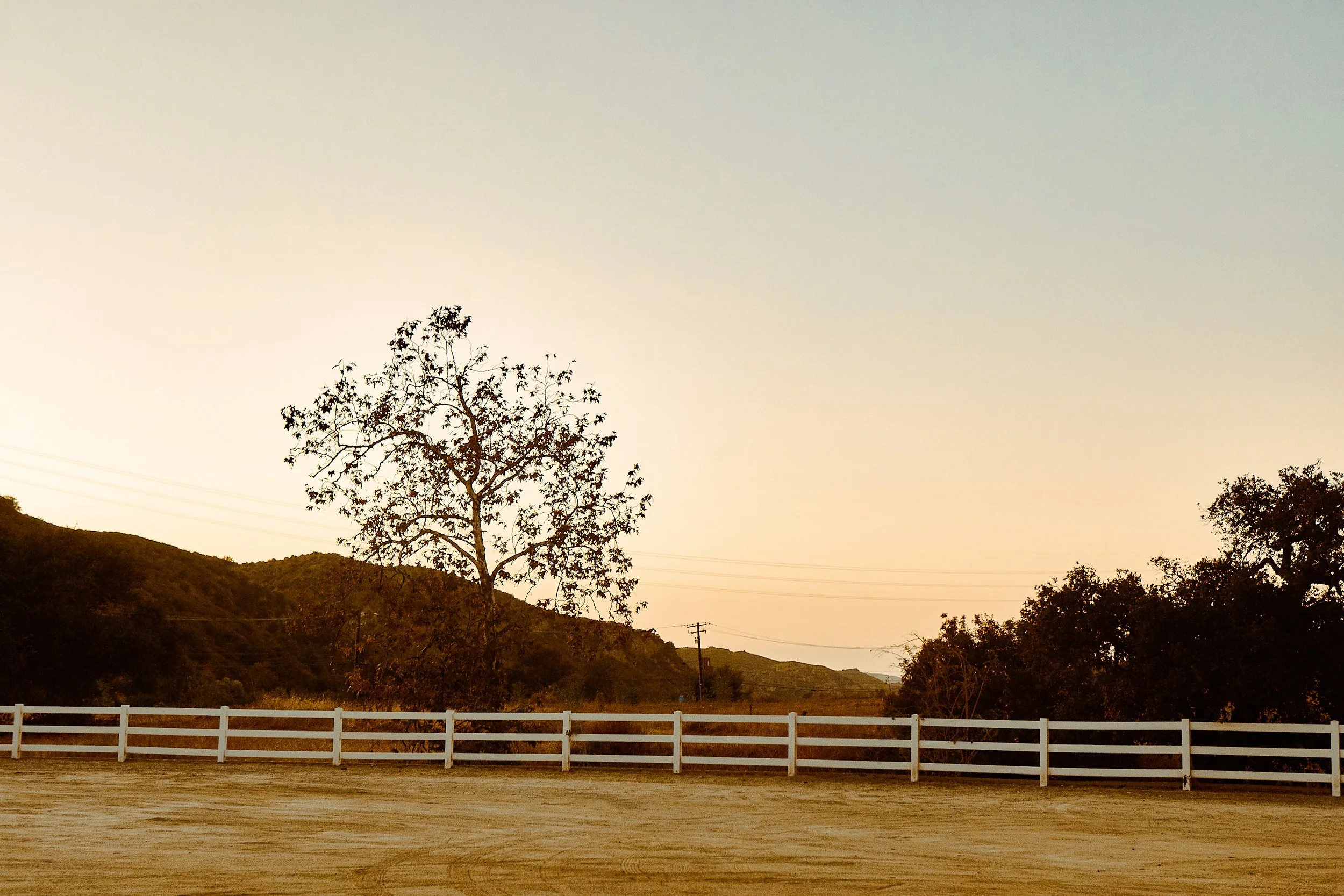 A dirt area with tire marks, a white wooden fence, a leafless tree, green hills in the background, and a clear sky at sunset.