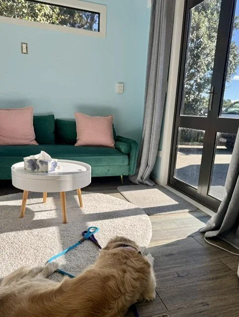 Fiona Winfield's ADHD coaching room on Auckland's North Shore, with a green sofa and sunny doors