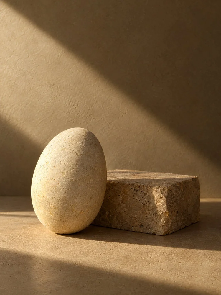 Smooth sculptural stone in warm angled sunlight.