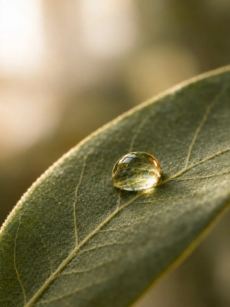 Single clear droplet on a softly lit sage-green leaf.