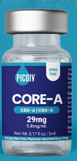 PICO IV Core-A CBD-A and CBG-A 5 mL vial, shown against a teal background