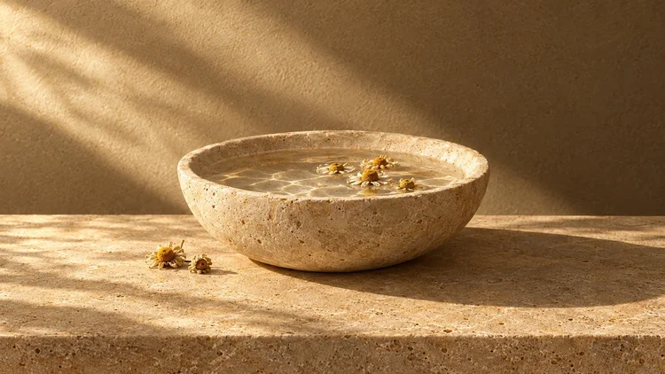 Travertine bowl of still water with floating dried chamomile in warm sunlight.