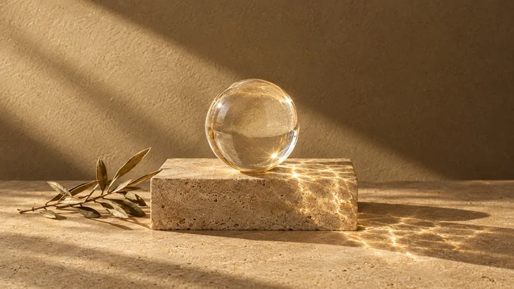Clear glass sphere on a travertine plinth casting golden light, with dried olive leaves.