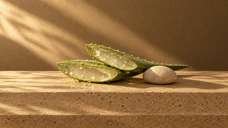 Fresh aloe vera leaf halves and a smooth stone on travertine in warm sunlight.