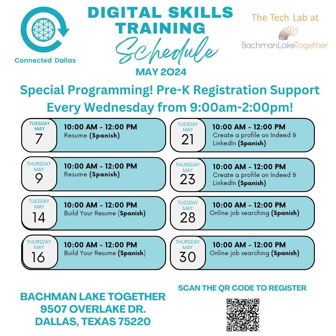 We have many exciting workshops at our tech lab this month! Dallas Innovation Alliance is hosting free workshops every Tuesdays and Thursdays from 10 am to 12pm and providing free PreK registration assistance on Wednesdays! Scan the QR code to sign u