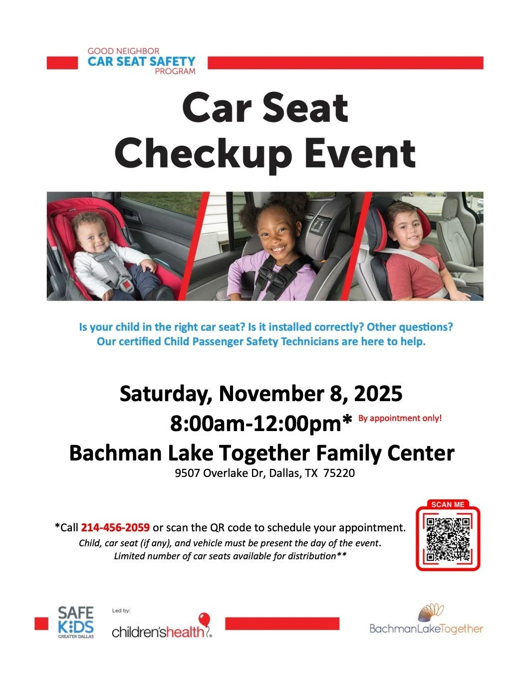 🚗👶 Is your child in the right car seat and properly secured? Certified Child Passenger Safety Technicians will be available to check your car seat and answer your questions.
📅 Saturday, November 8, 2025
🕗 8:00am–12:00pm (by appointment only