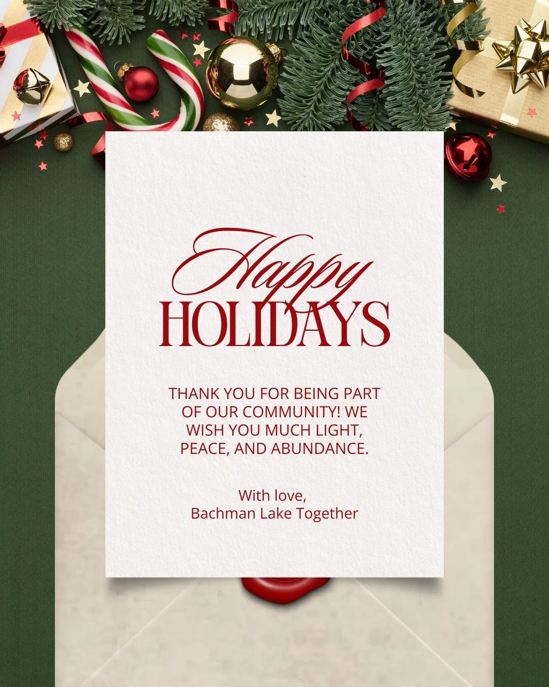 Happy Holidays from Bachman Lake Together. Thank you for being part of our community! We wish you much light, peace, and abundance.
--
Felices fiestas de Bachman Lake Together. &iexcl;Gracias por ser parte de nuestra comunidad! Te deseamos mucha luz,