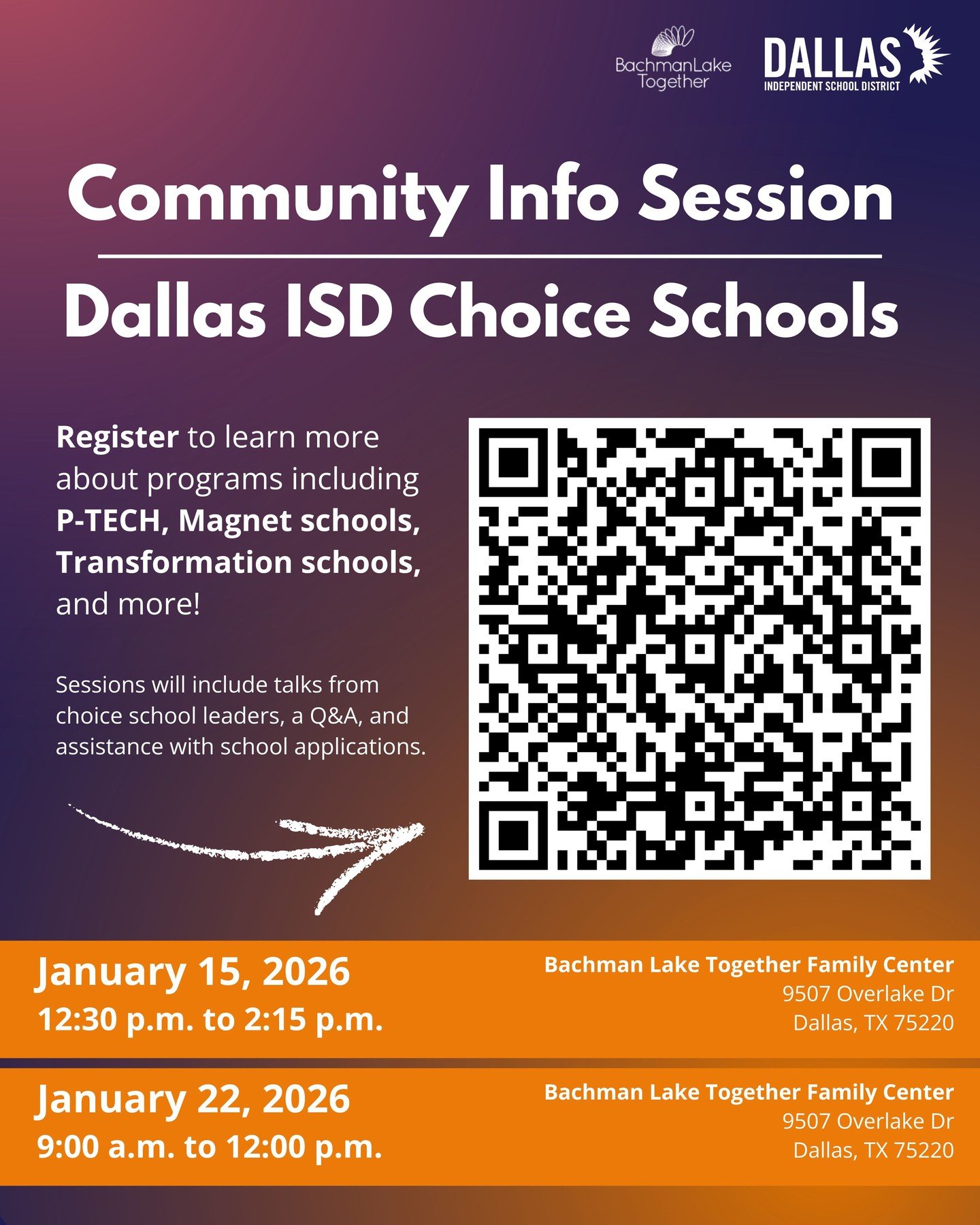 🎒✏️ Join us at the Bachman Lake Together Family Center for an in-depth talk about Dallas ISD Choice Schools! Sessions will include presentations from choice school leaders, a Q&amp;A, and assistance with school applications.
Don't miss out on the ch