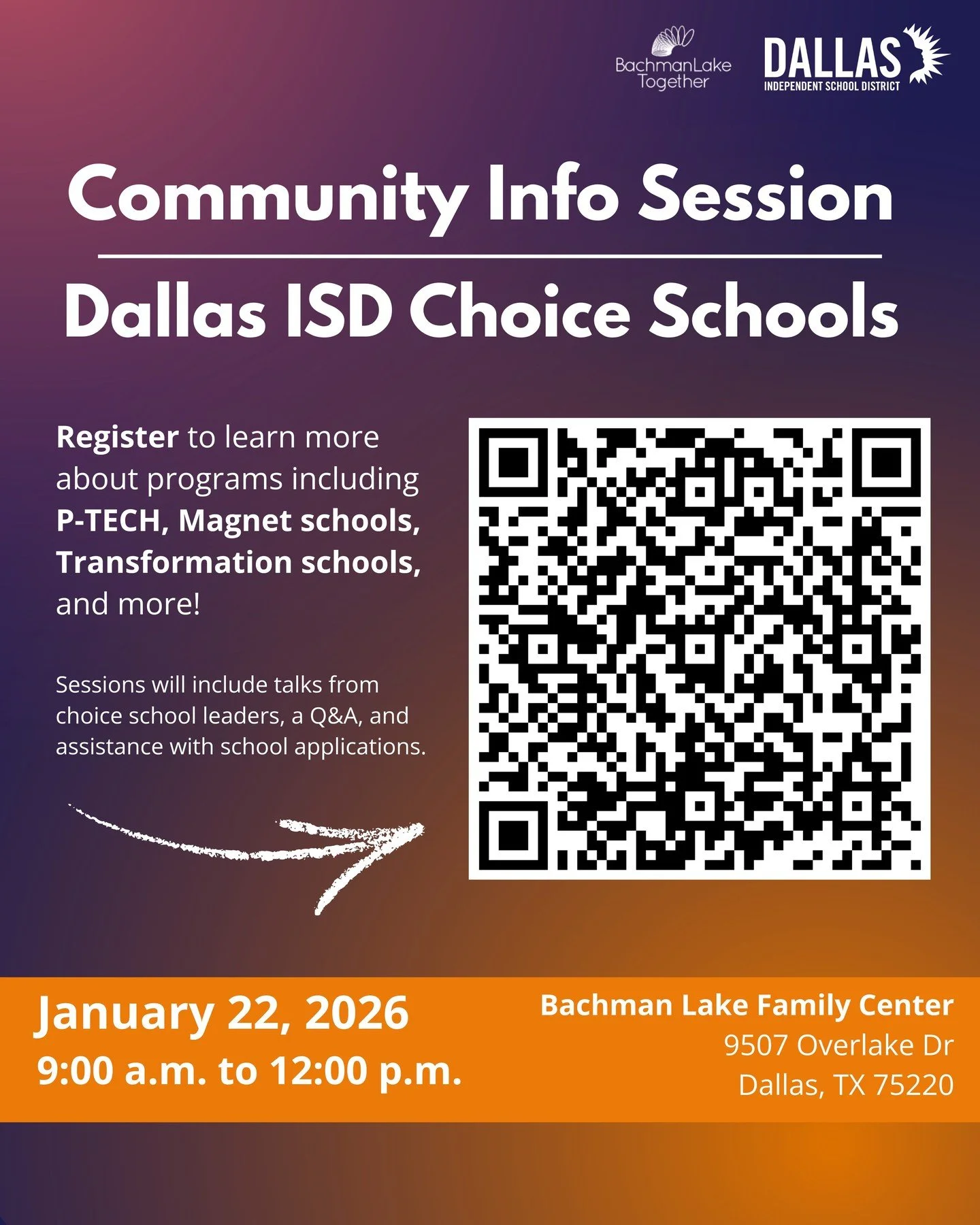 🎒✏️ Join us at the Bachman Lake Together Family Center for an in-depth talk about Dallas ISD Choice Schools! Sessions will include presentations from choice school leaders, a Q&amp;A, and assistance with school applications. 
Don't miss out on the c