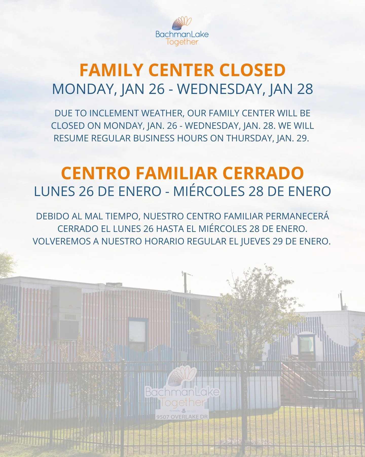 Our Bachman Lake Together Family Center will be closed on Monday, January 26 - Wednesday, January 28 due to inclement weather. We will resume regular business hours on Thursday, January 29!
&ndash;&ndash;
Nuestro Centro Familiar Bachman Lake Together