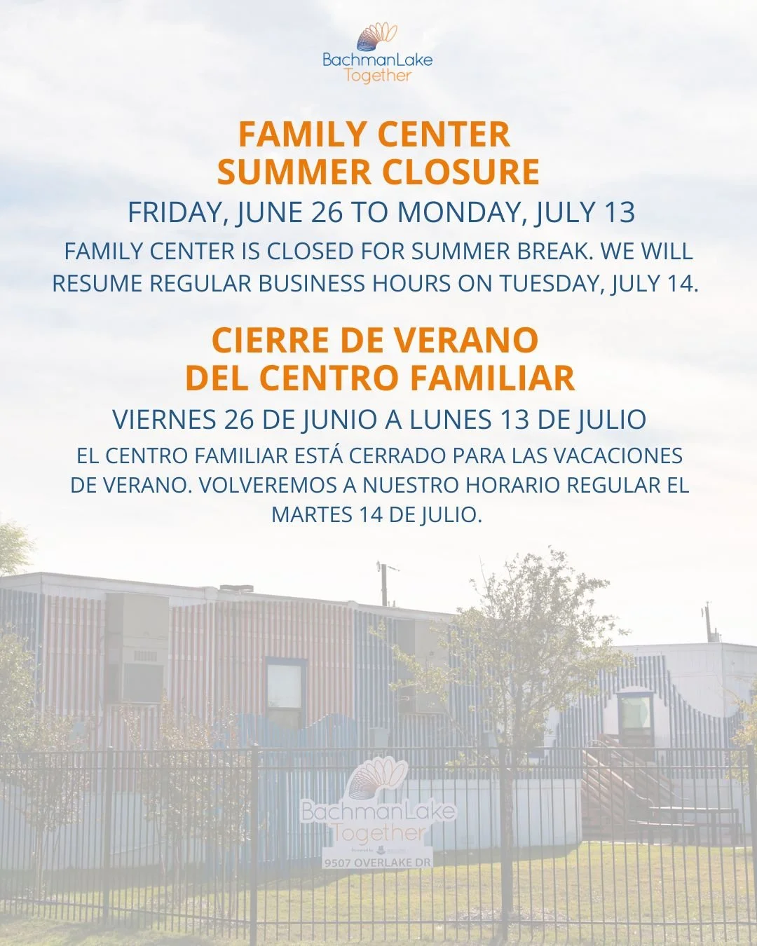 The Bachman Lake Together Family Center is closed for summer break from Friday, June 26 to Monday, July 13. We will resume regular business hours on Tuesday, July 14. 
&ndash;&ndash;
El Centro Familiar de Bachman Lake Together est&aacute; cerrado por