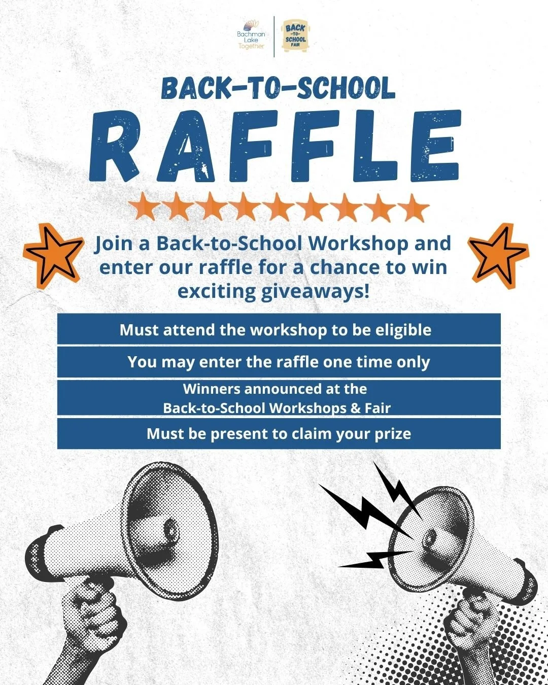 🎉 Attend. Learn. Win!

Join our Back-to-School Workshops for a chance to win exciting giveaways while preparing your family for the upcoming school year.

Here's how to enter:
✅ Must attend the Back-to-School workshops to be eligible.
✅ You may ente