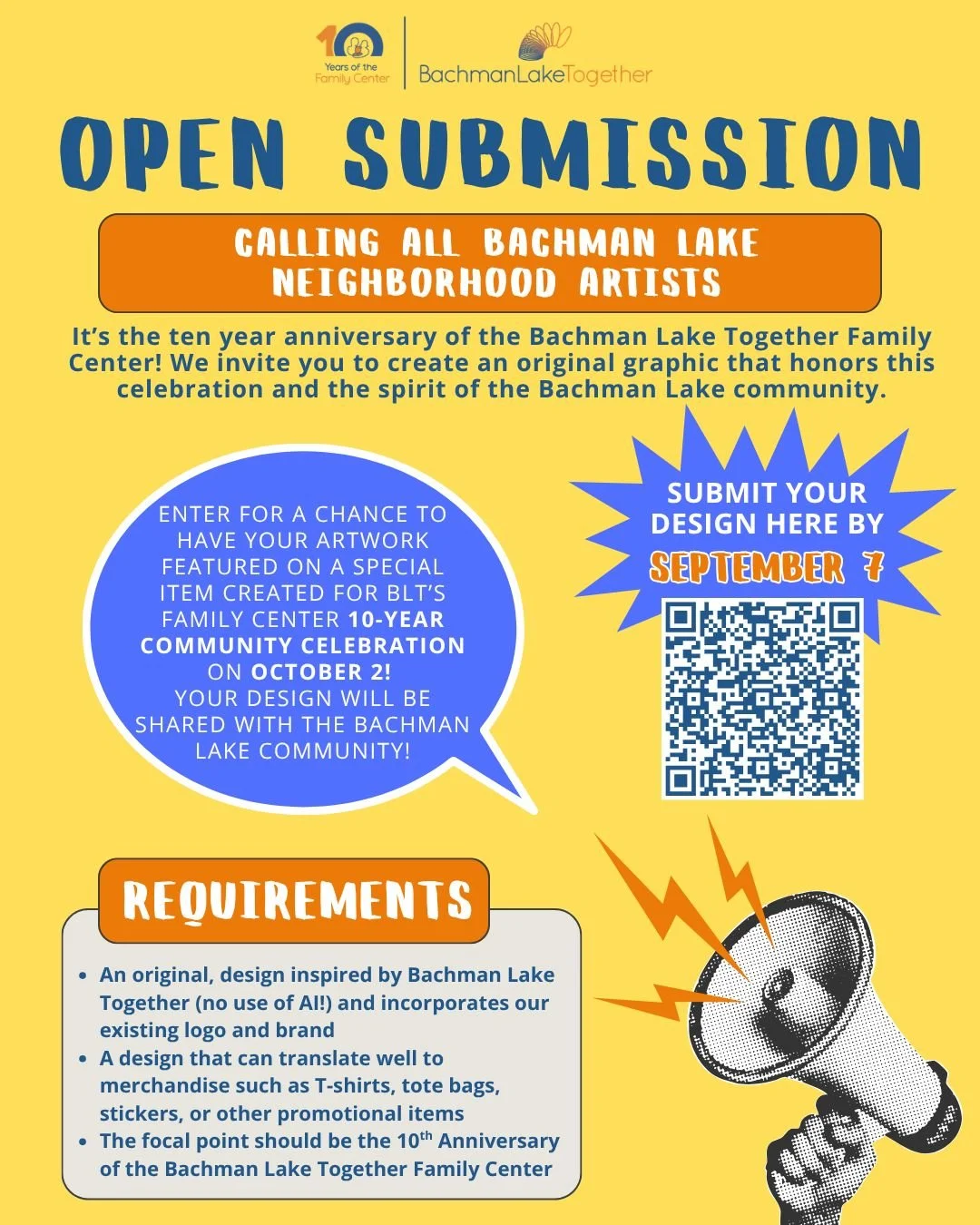 Calling all artists from the Bachman Lake neighborhood! ‼️🚨 It&rsquo;s the ten year anniversary of the Bachman Lake Together Family Center, and we invite you to create an original graphic that honors this celebration and the spirit of the Bachman La