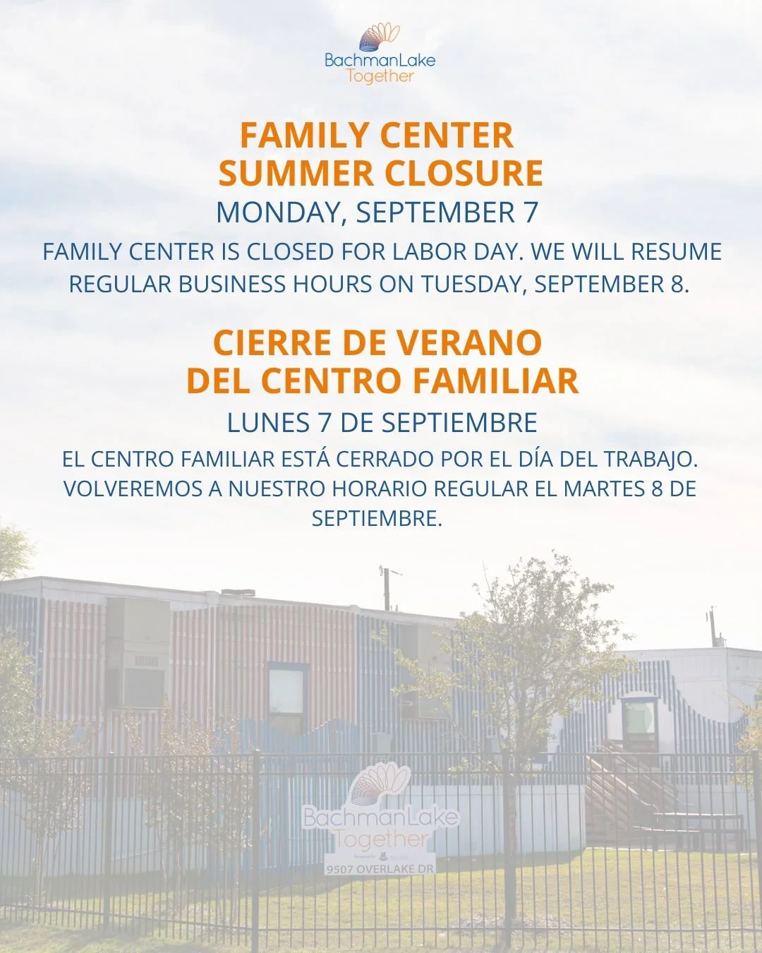 Our Bachman Lake Together Family Center will be closed on Monday, September 7 for Labor Day. We will resume regular business hours on Tuesday, September 8. 
&ndash;&ndash;&ndash;&ndash;
Nuestro Centro Familiar de Bachman Lake Together est&aacute; cer