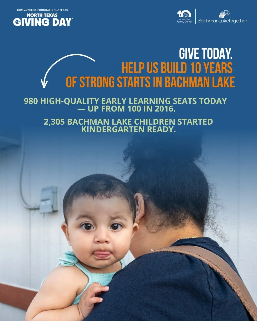 Today is the day! This North Texas Giving Day, help us build on 10 years of giving every child a strong start! 💙

Help us reach our goal! Link in bio. 

#TogetherforTen #NorthTexasGivingDay #BachmanLakeTogether