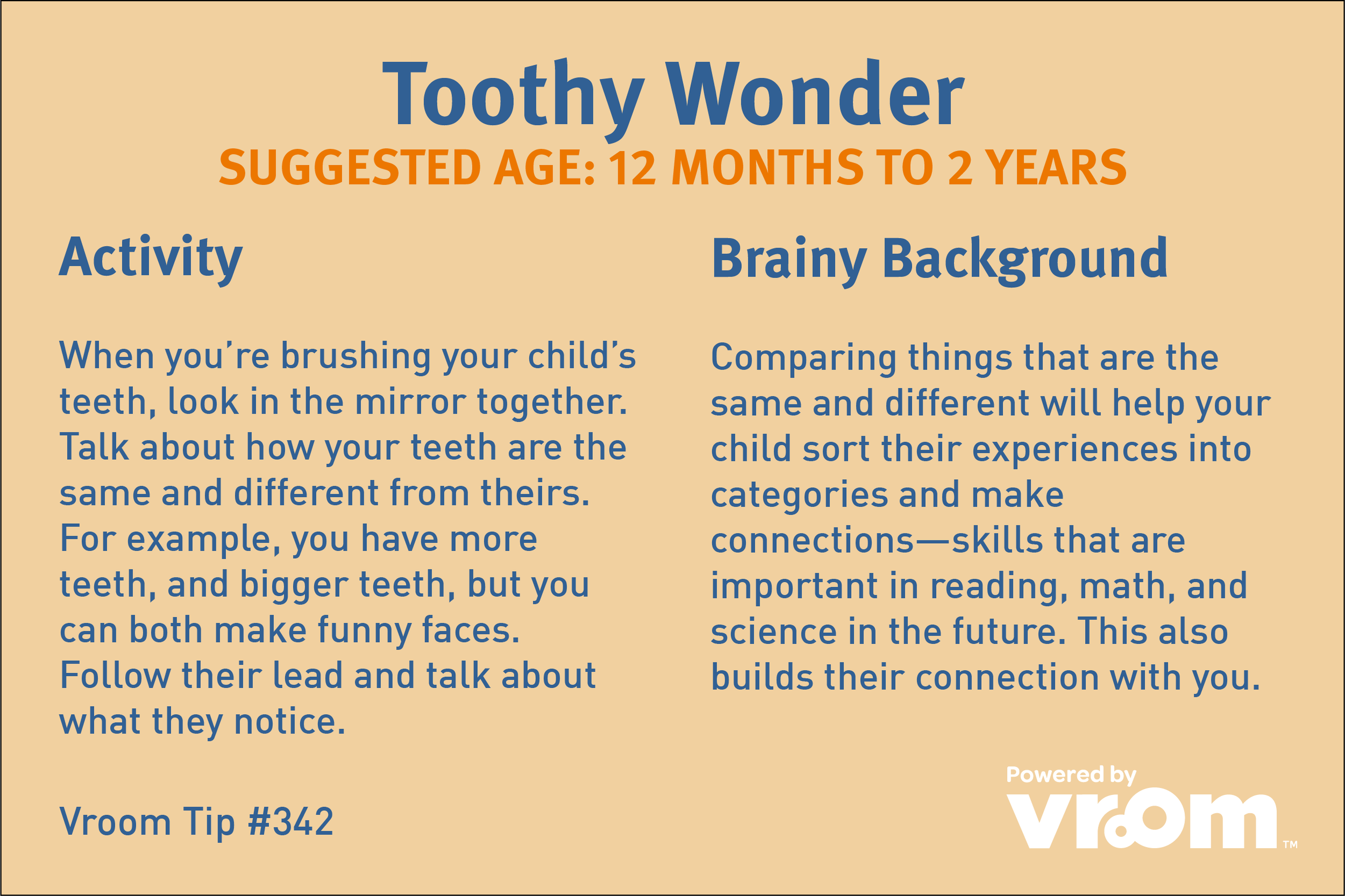 An infographic titled "Toothy Wonder," suggesting it is for children aged 12 months to 2 years. It has two sections: one titled "Activity" with tips on talking to children about their teeth while brushing, and another titled "Brainy Background" expla