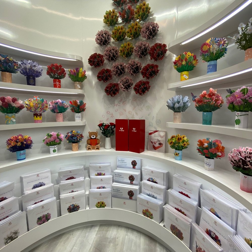 Paper flower bouquets at the Lovepop store.